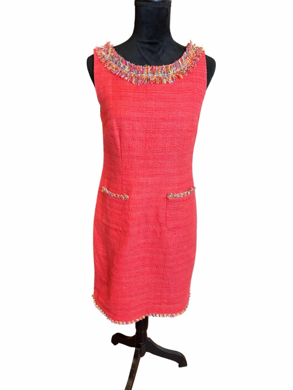 Talbots Coral Tweed Dress Sz6 Fringe Trim Sleeveless Preppy Classic Preppy Shift